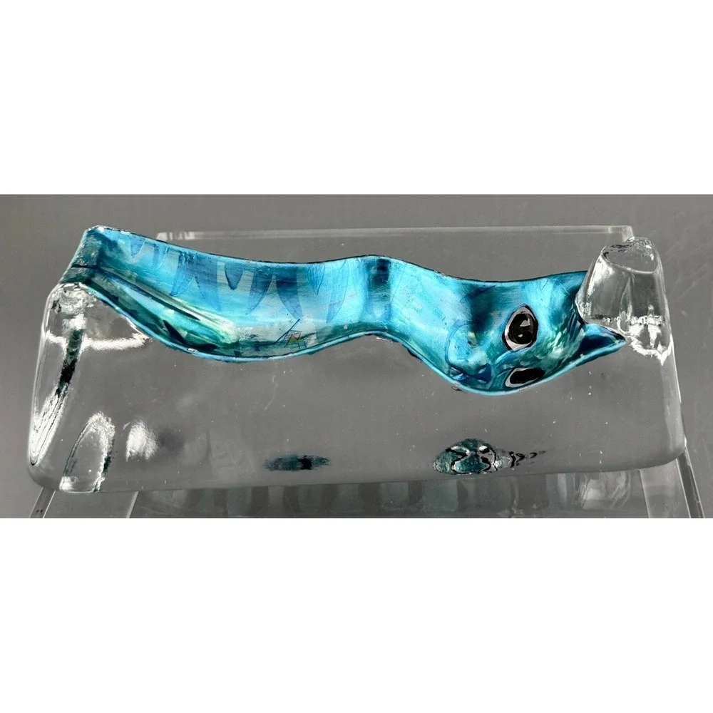 Vintage Paperweight Cat Kriff Design Art Glass Blue Hand Painted 6